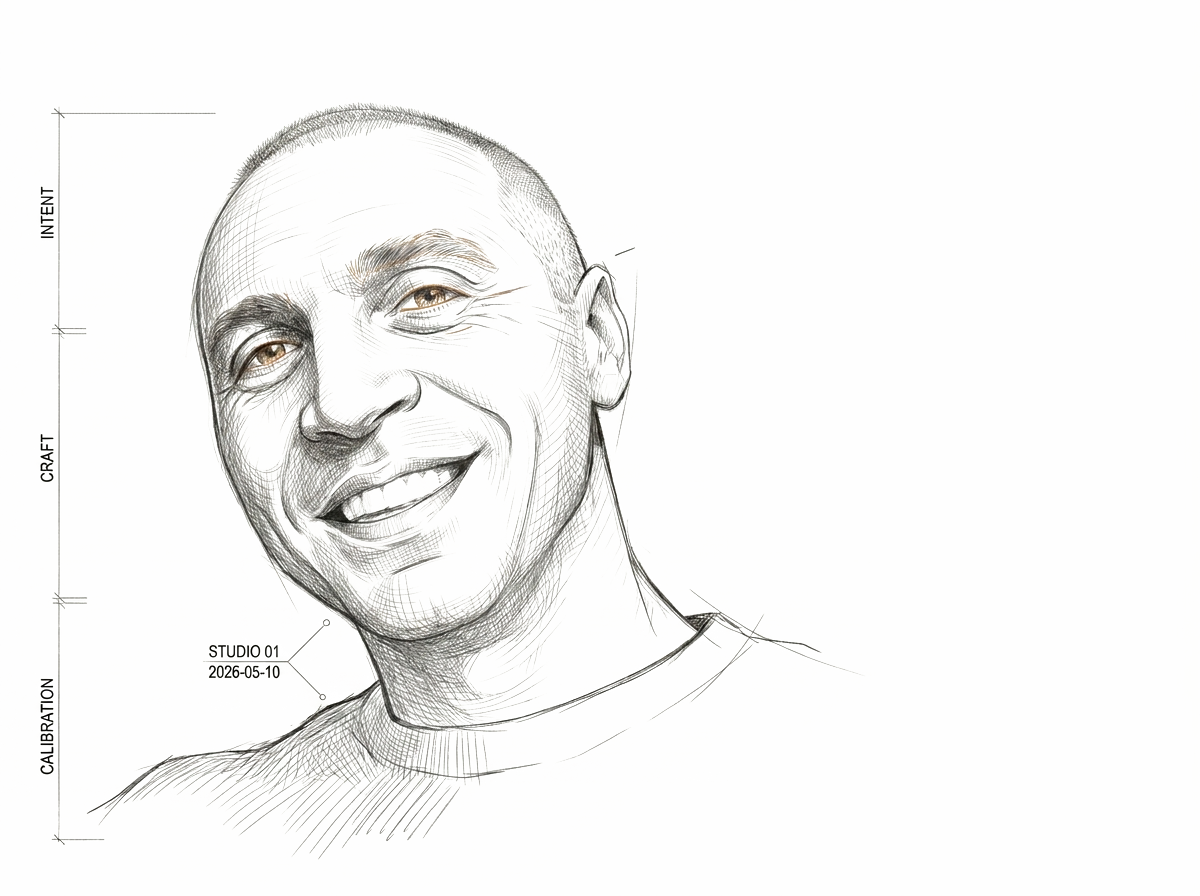 Half-revealed line-matrix portrait, fading to white on the right